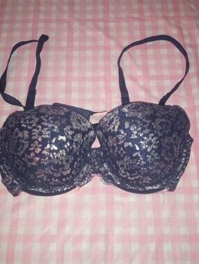 Victoria's Secret Navy Lace Push-Up Bra with Metallic Accents 34D